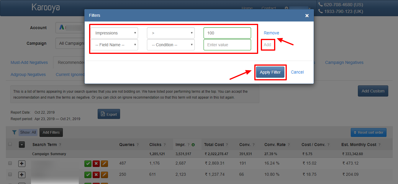 apply filter parameters negative keyword karooya