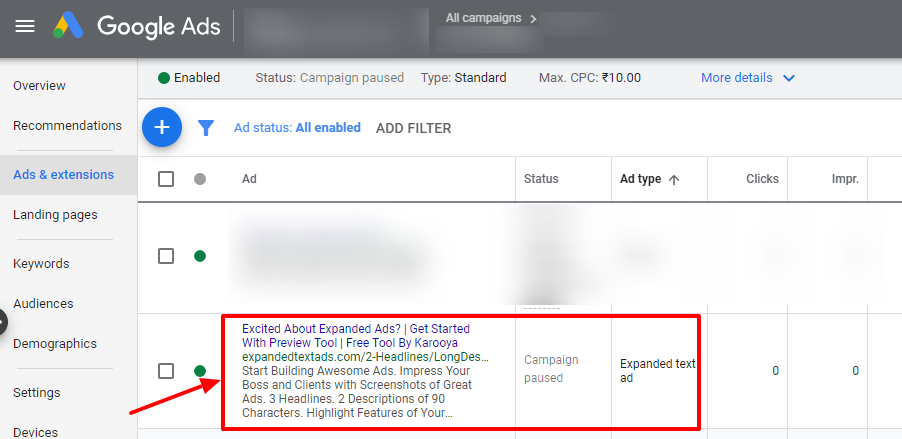 ad imported to google ads