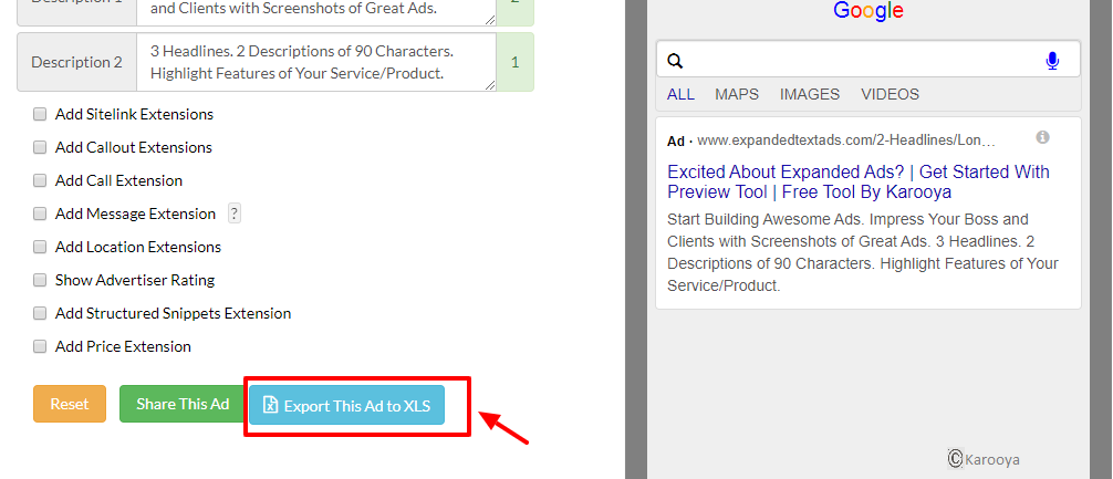 Export the ad copy from ETA preview tool