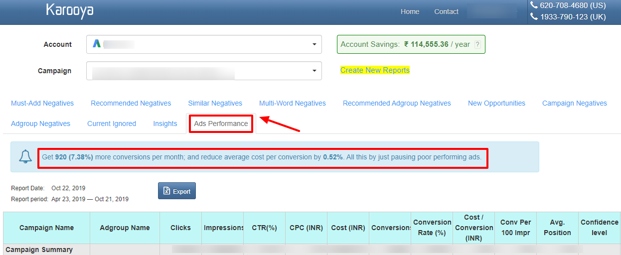 ad performance report karooya dashboard