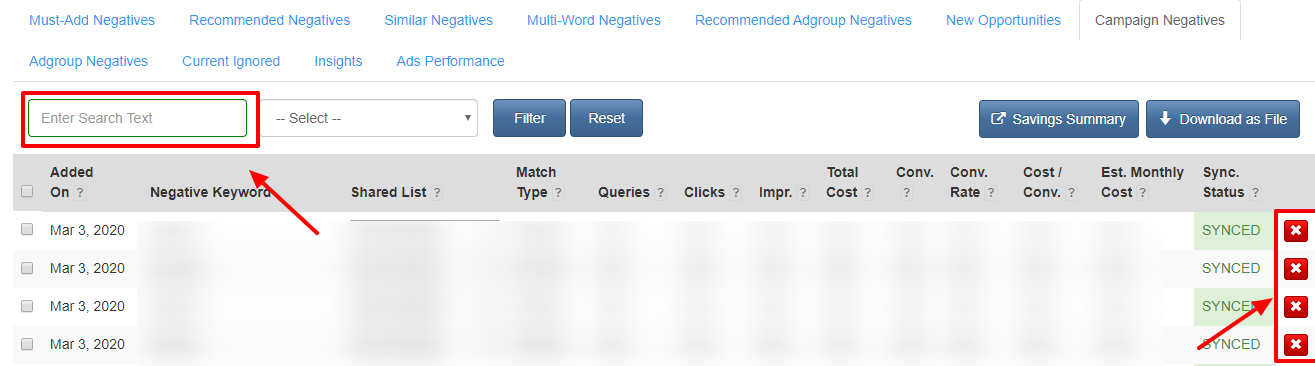 delete negative keywords karooya dashboard
