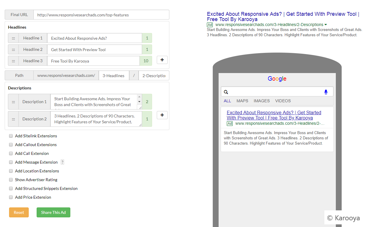 [New Product] Responsive Search Ads Preview Tool Karooya