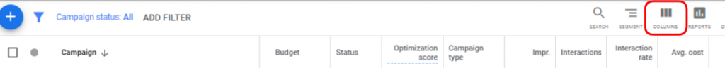 Column tab in the Google Ads account