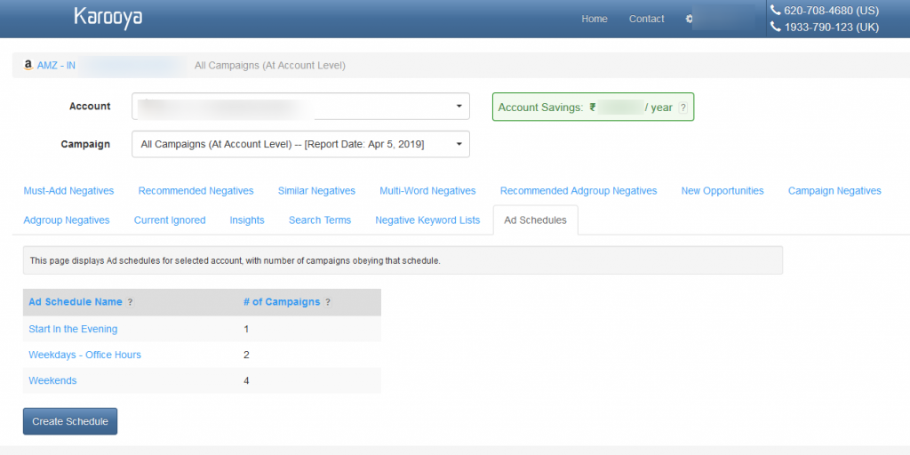 Ad Scheduling feature in Karooya's Amazon Negative Keywords Tool dashboard