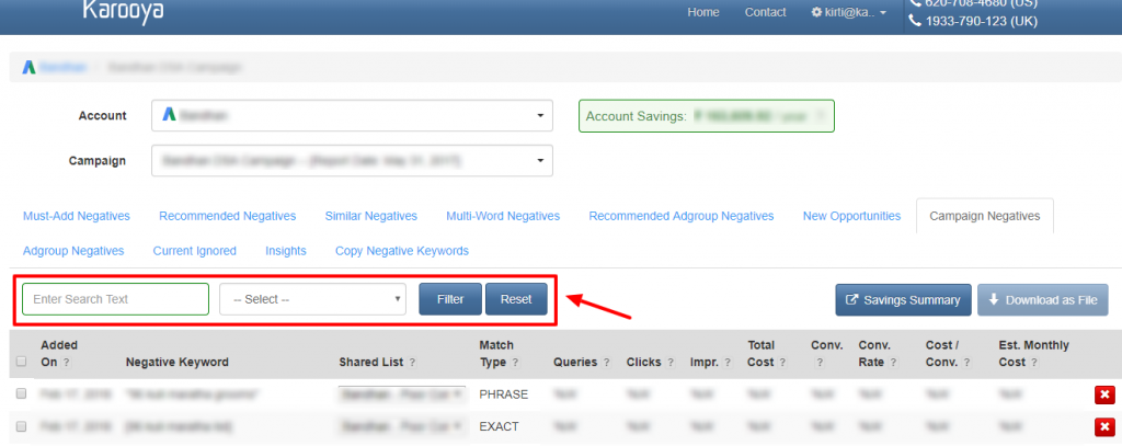 Search Box feature for Negative Keywords Tool for Amazon