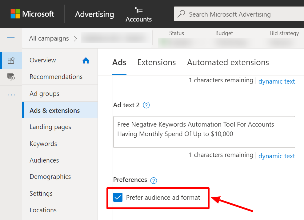 select prefer audience ad format microsoft ads