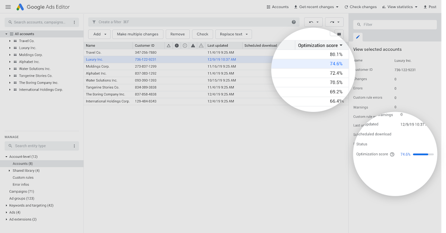 Optimization score in Google Ads Editor v 1.3