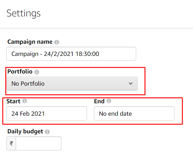 amazon ads campaign start end date and portfolio