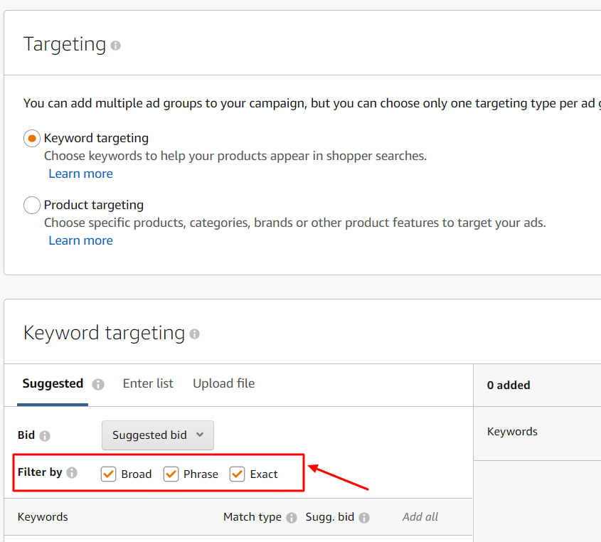 keyword targeting match types amazon ads