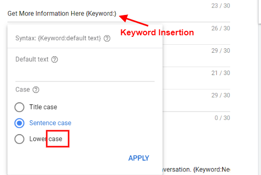 Keyword Insertion ad customizer in RSAs and ETA