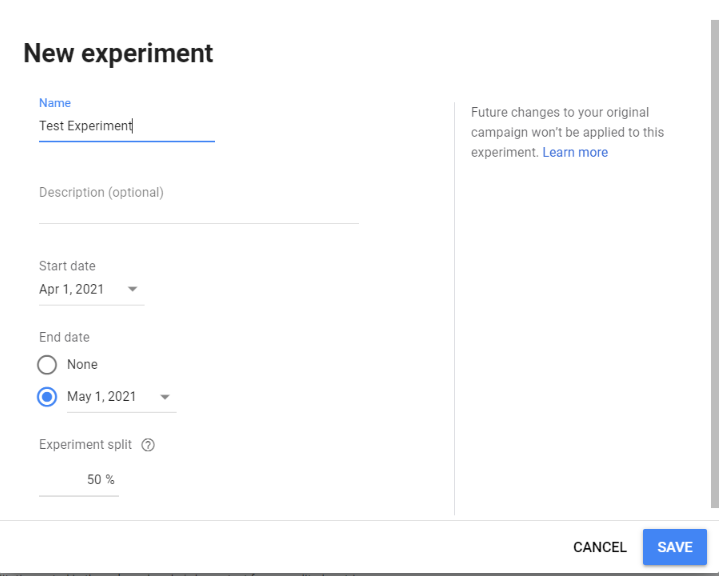 Create new experiment in Google ads