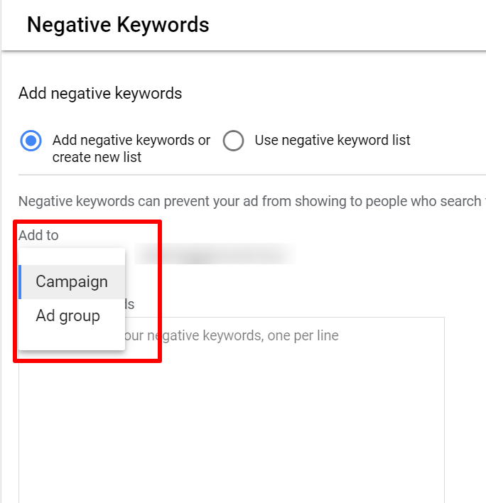 add negative keyword to ad group or campaign