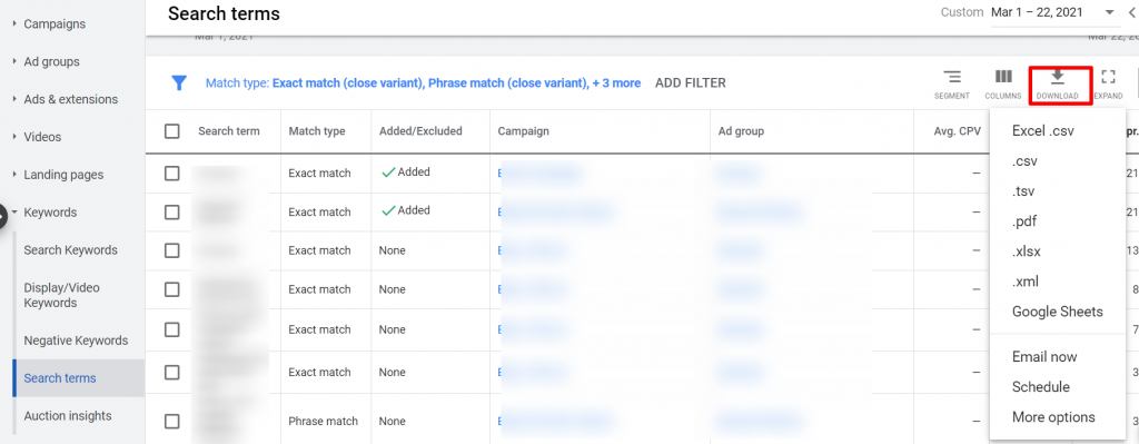 download search terms report google ads