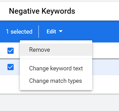 edit negative keyword