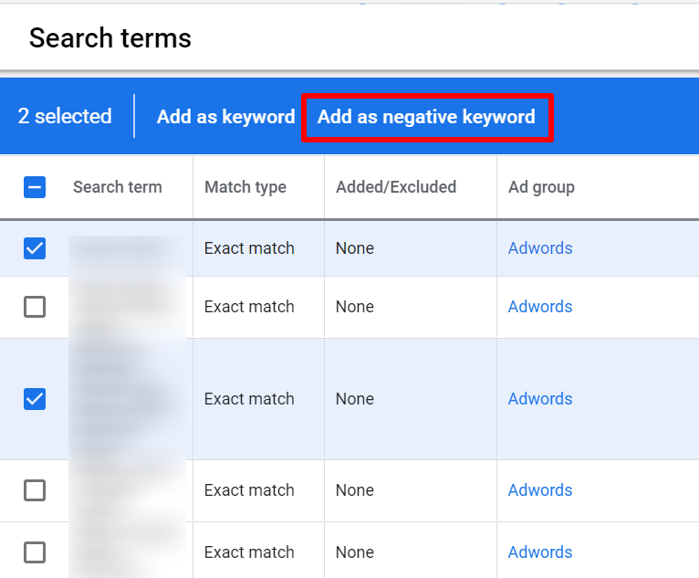 select search terms and add as negative keyword