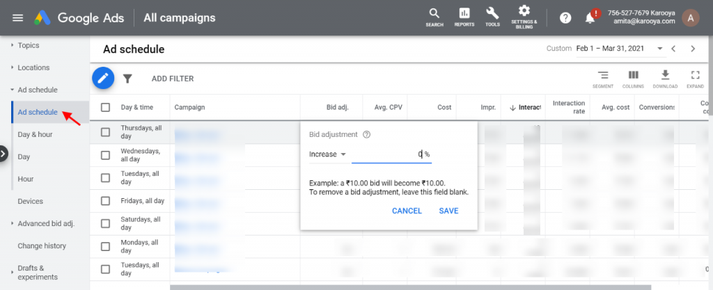 Google ads ad scheduling bid adjustment