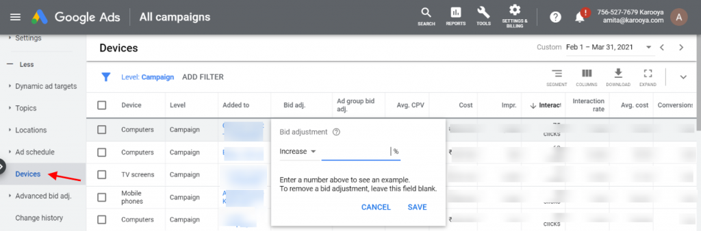Google Ads Bid adjustment in devices