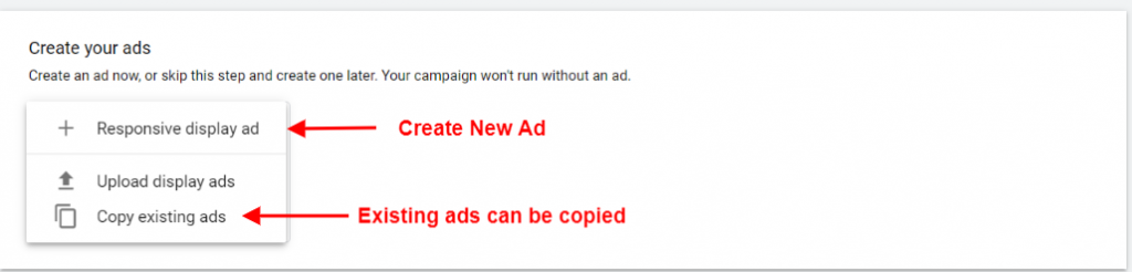 Create a new ad while creating a draft in Google ads