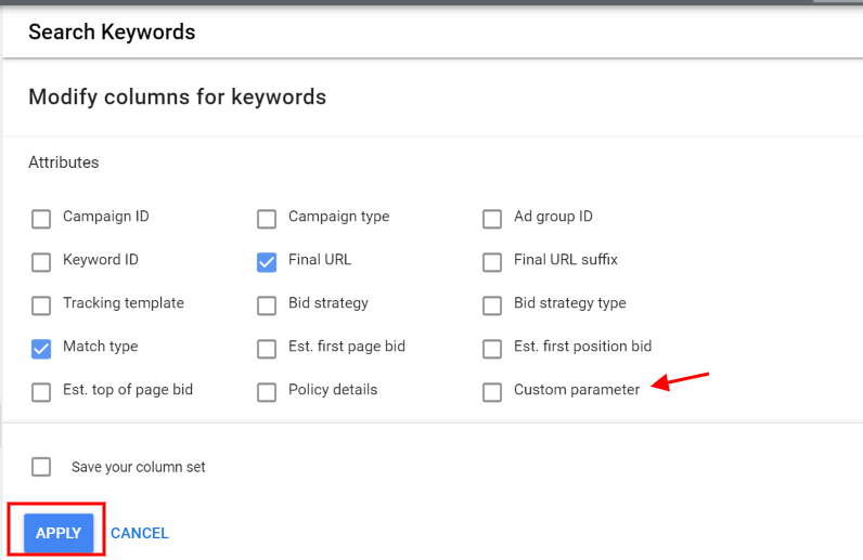 Custom parameter at keyword or ad group level