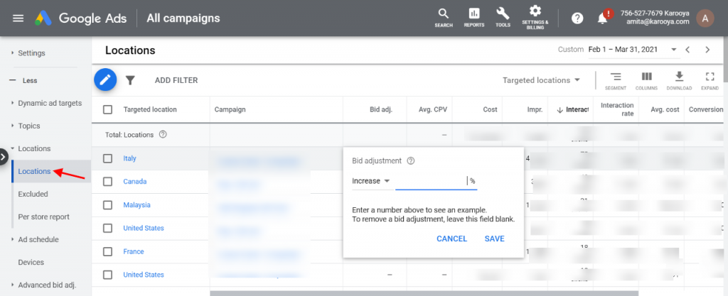 Google Ads Location Bid Adjustment