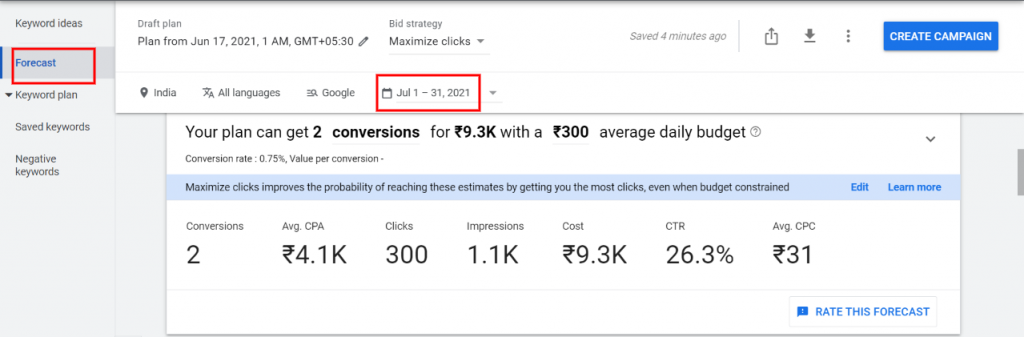 Keyword plan to get input about the budget