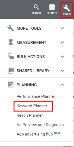 Accessing keyword planner tool in Google Ads