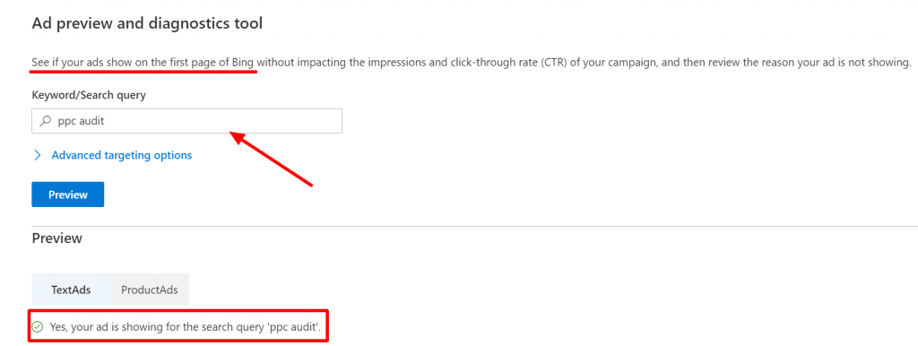 ad preview diagnostics microsoft advertising