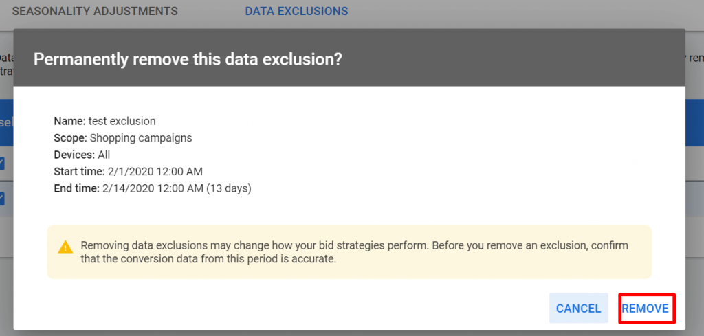 permanently removing data exclusion google ads