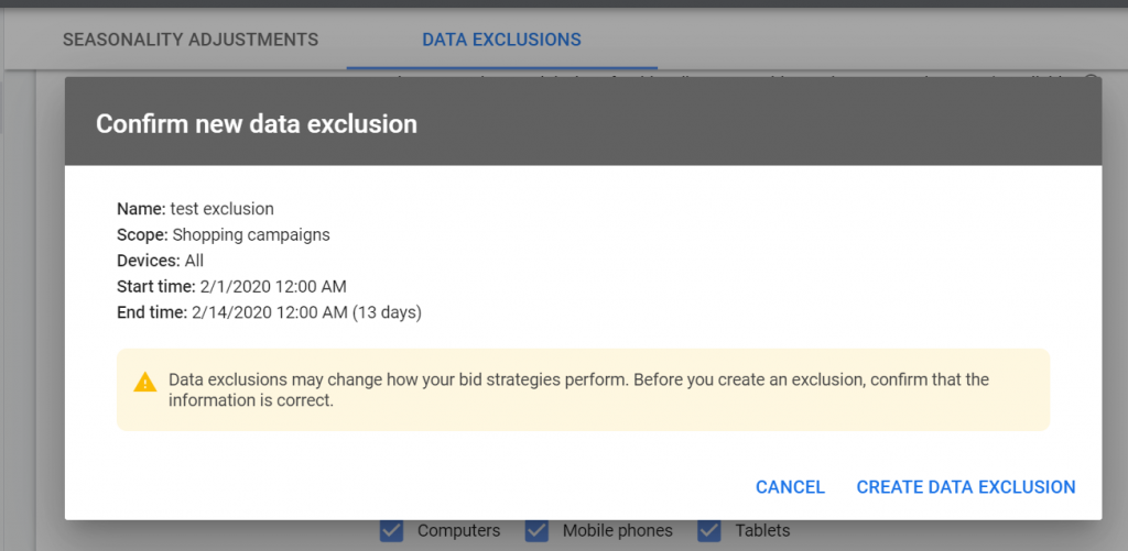 successful creation of data exclusion