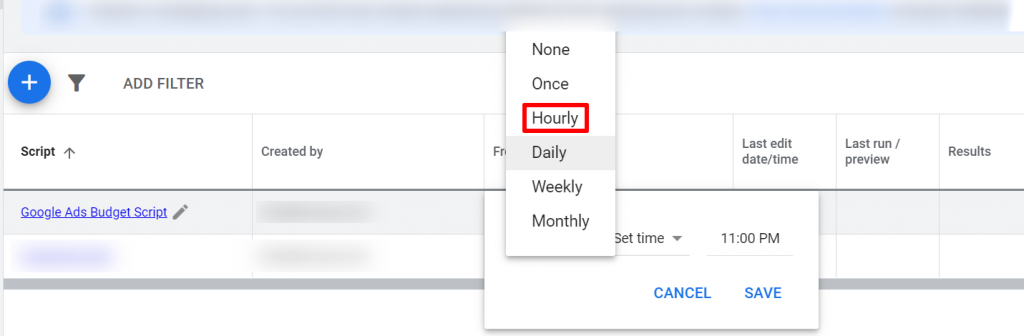 google ads scripts frequency hourly
