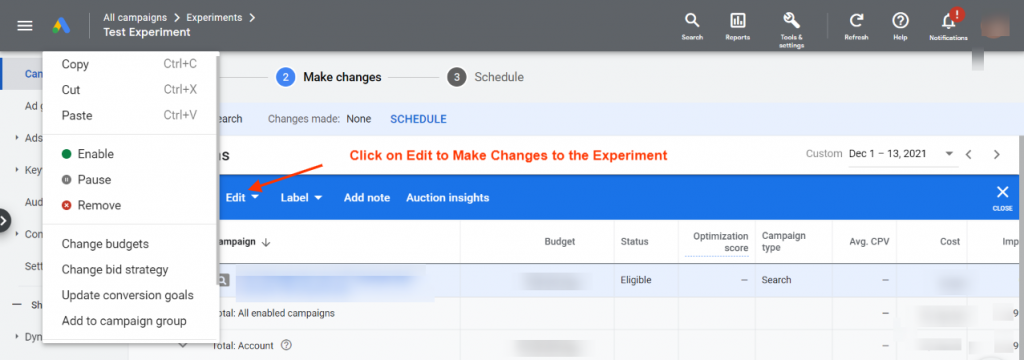 Changes to the experiment in Google ads
