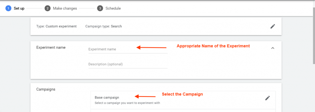 Setting up experiment process in Google ads