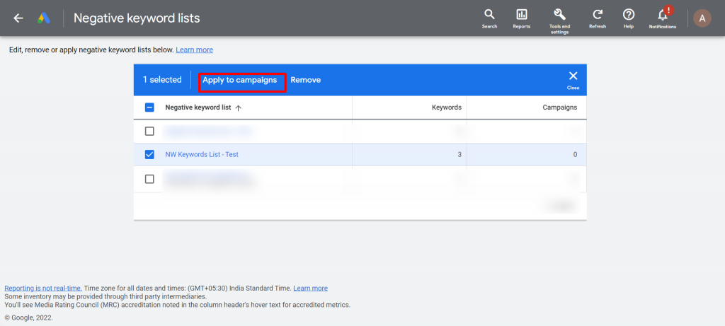Apply negative keyword list to multiple campaigns in google ads