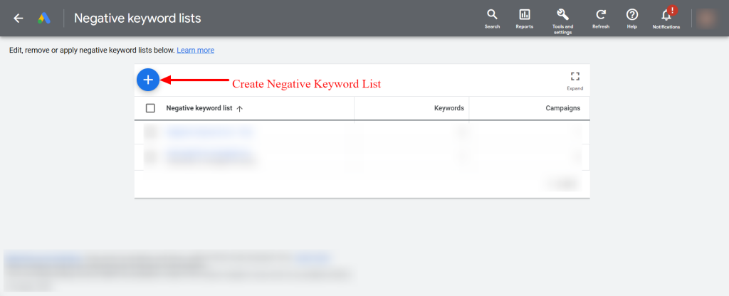 Create Negative keyword list in google ads