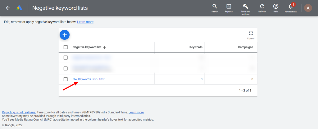 Negative keyword list has been created in google ads