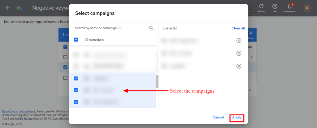 Select campaigns to assign the negative keyword list in google ads