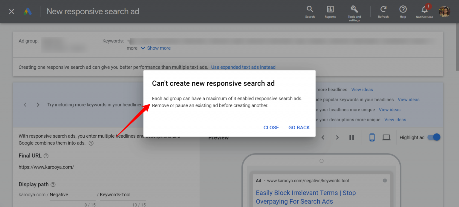 Google Ads gives “Limit Exceeded” Error while creating RSA Karooya