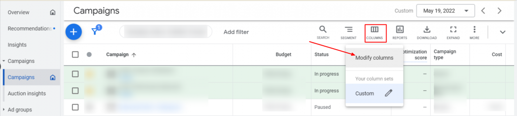 Columns and modify columns for campaigns in Google ads