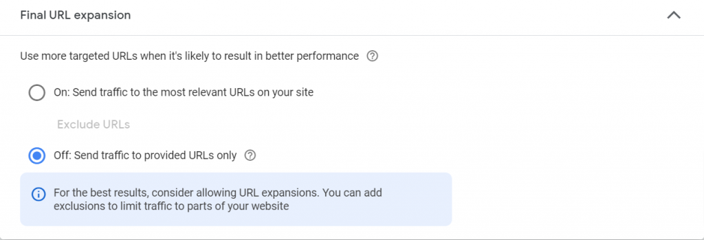 Final URL option in performance max