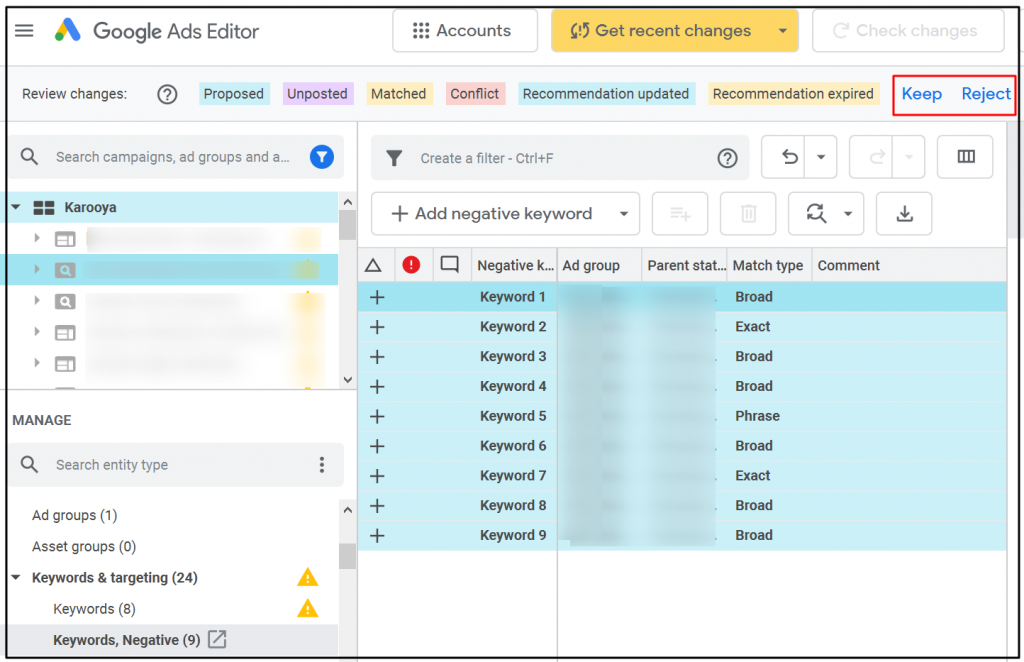 Keep and Reject option in Ads editor