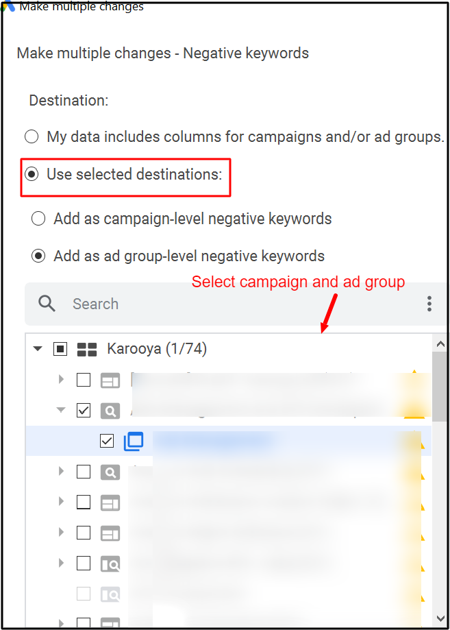 Use selected destination as ad group in ads editor