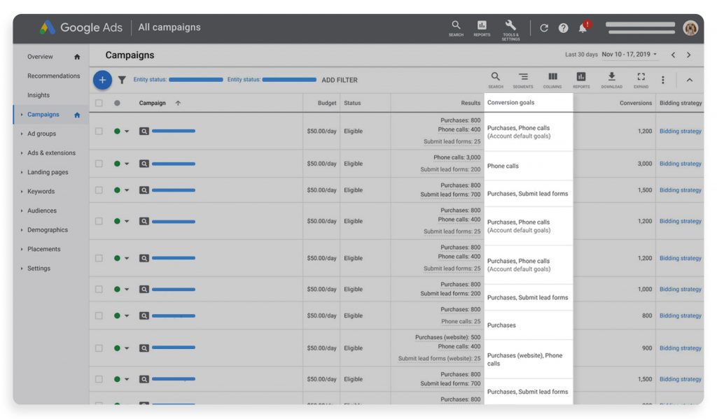 Conversion goal column showing conversion goals by campaign in Google ads