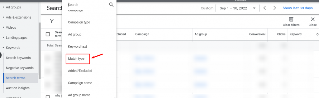 Filter the match types in Google ads UI