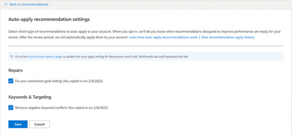 auto apply recommendation in Microsoft Advertising