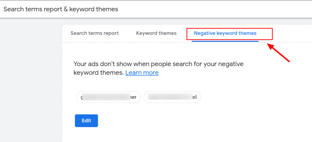 negative keyword theme google ads