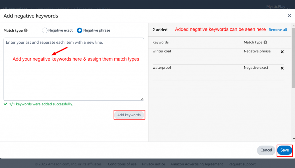 Add negative keywords and match types