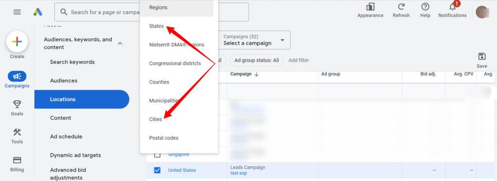 Cities and states in Google ads UI