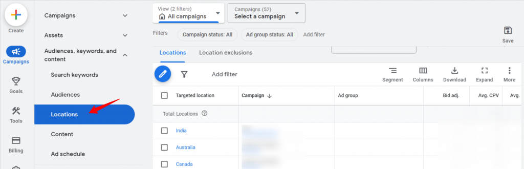 Location tab in Google Ads UI