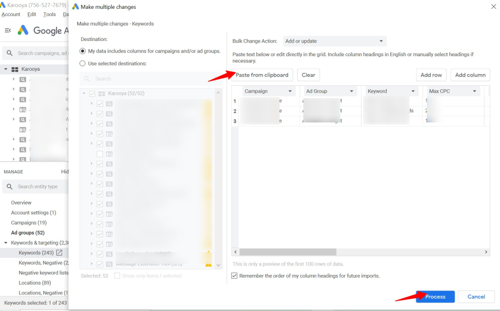 Paste frpm clipboard Google ads editor