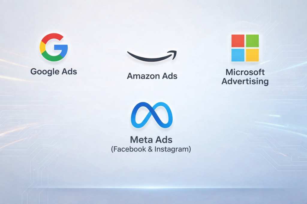 Google, Meta, Amazon and Microsoft Advertising logos
